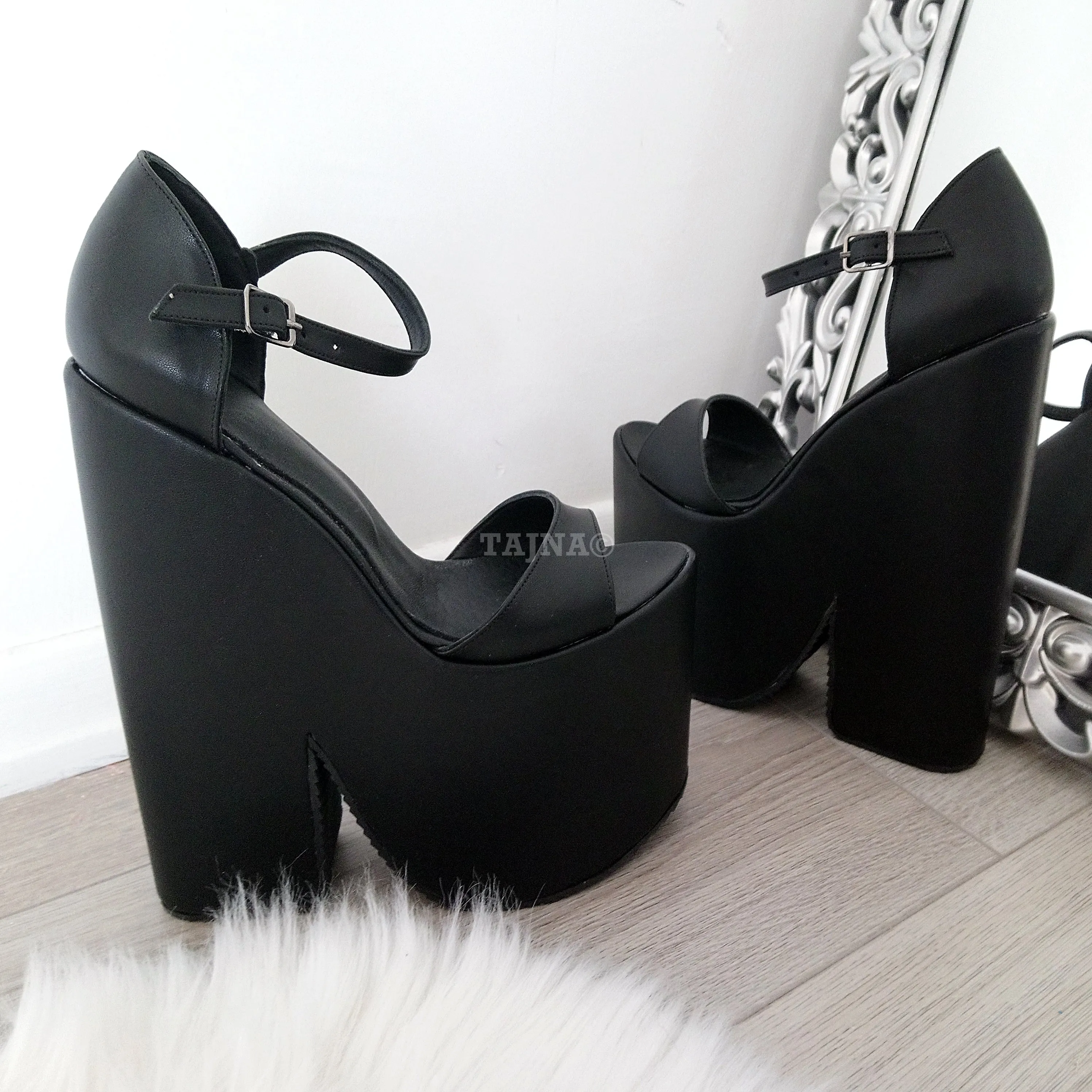 Black Single Strap Chunky Platform Wedge Shoes