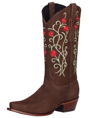 Botas Vaqueras Retro con Tubo Bordado de Flores de Piel Nobuck para Mujer 'El General' - ID: 41789