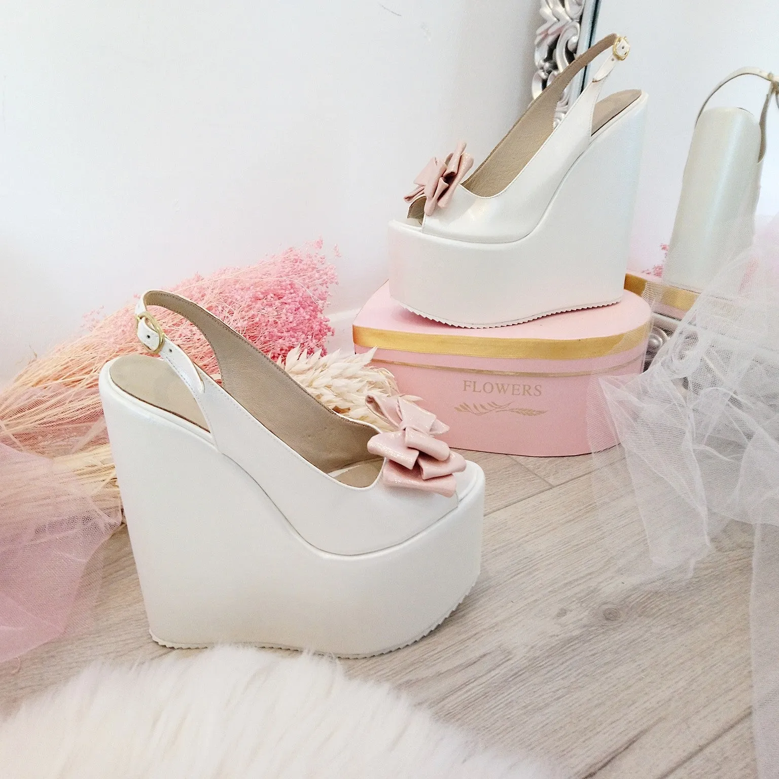 Bridal Ivory White Pink Ribbon Peep Toe Wedge Shoes