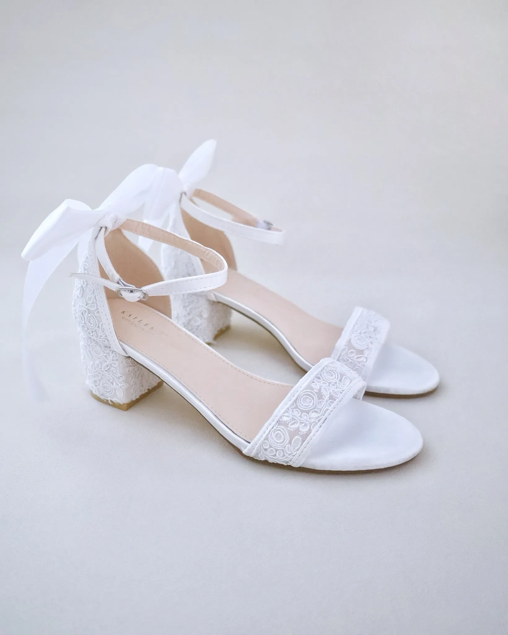 Crochet Lace Block Heel Wedding Sandals with Back Bow