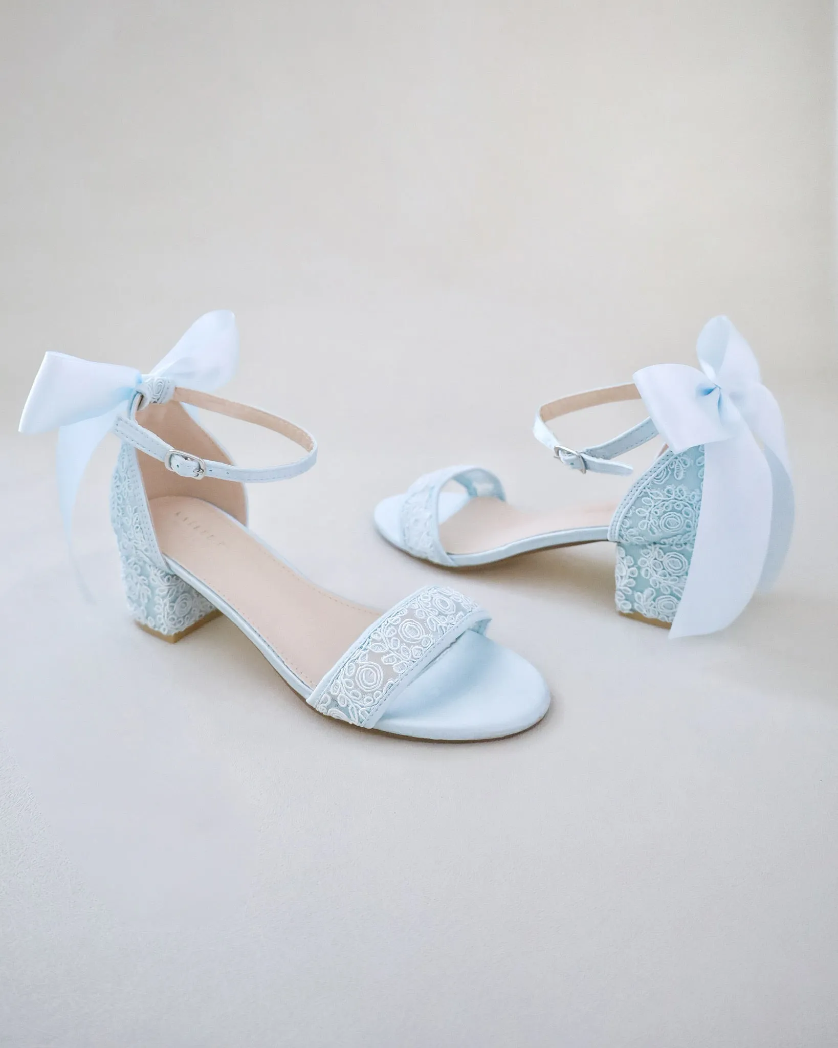 Crochet Lace Block Heel Wedding Sandals with Back Bow