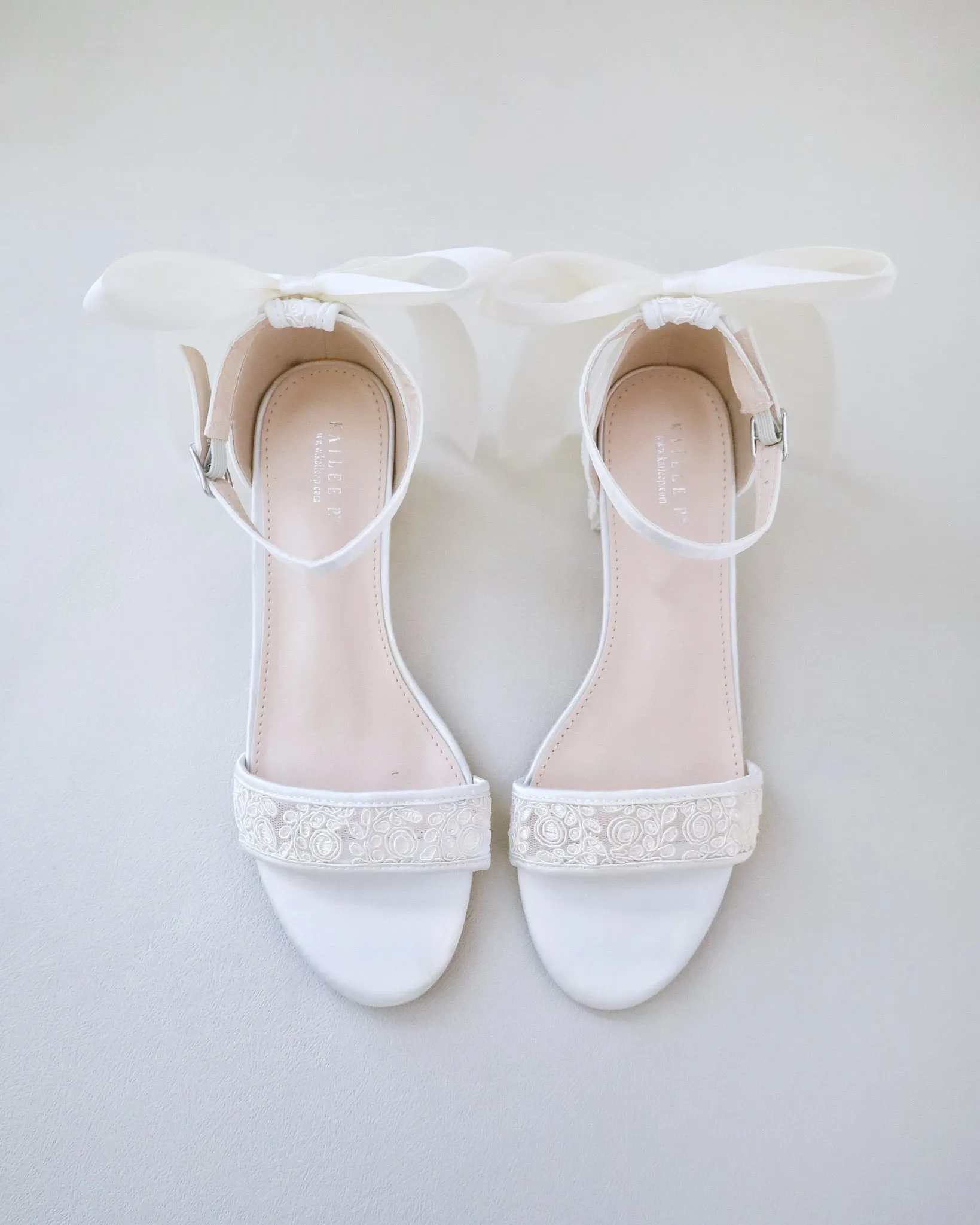 Crochet Lace Block Heel Wedding Sandals with Back Bow