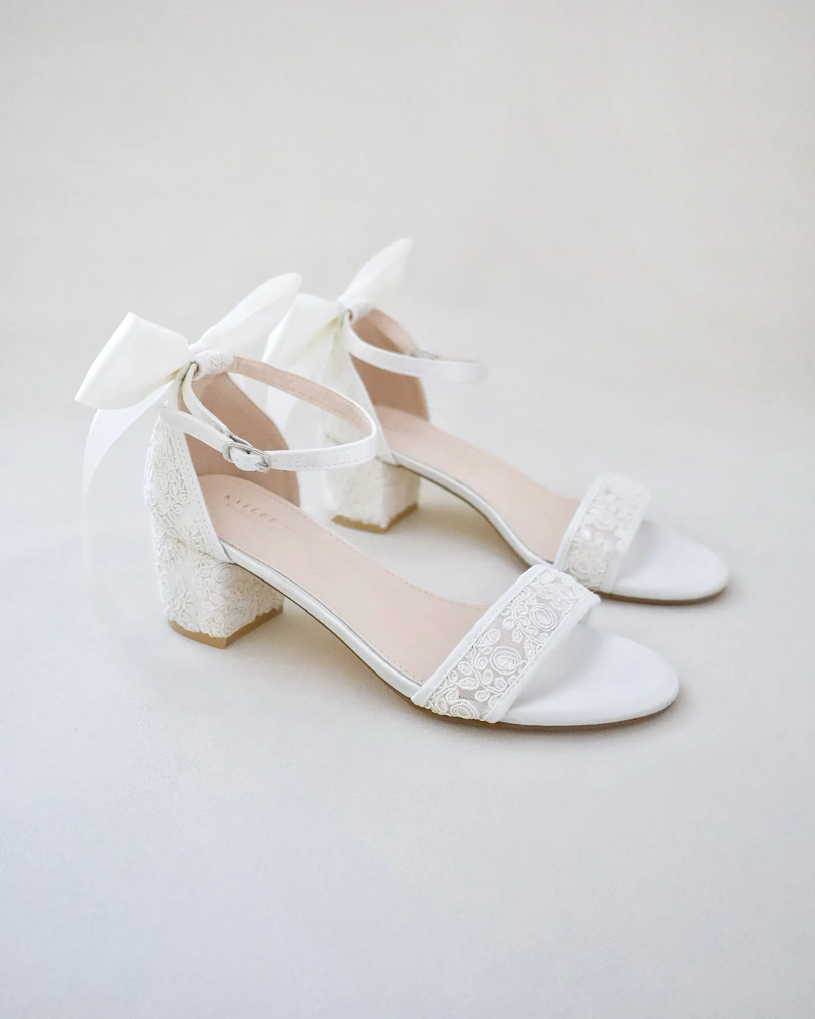 Crochet Lace Block Heel Wedding Sandals with Back Bow