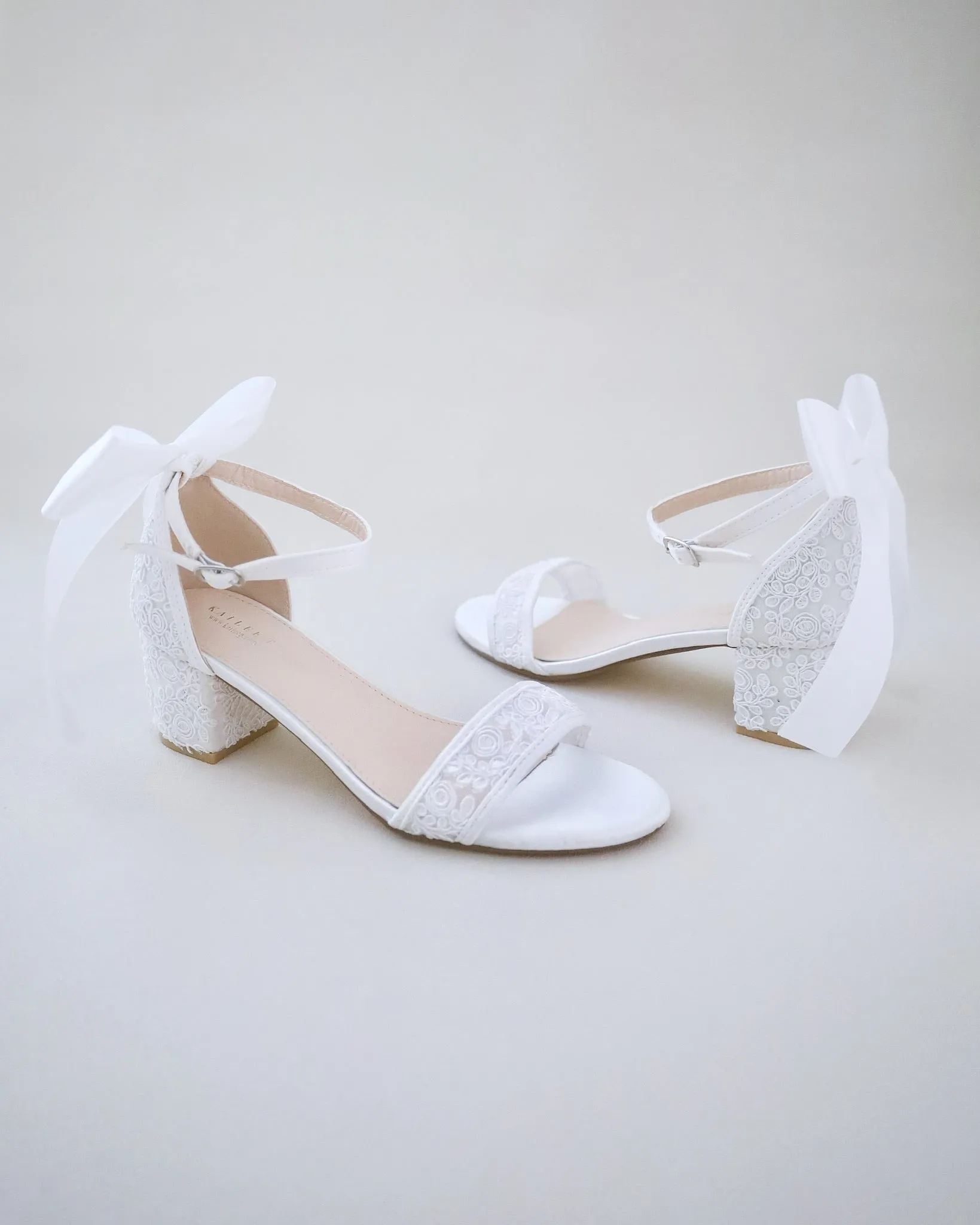 Crochet Lace Block Heel Wedding Sandals with Back Bow