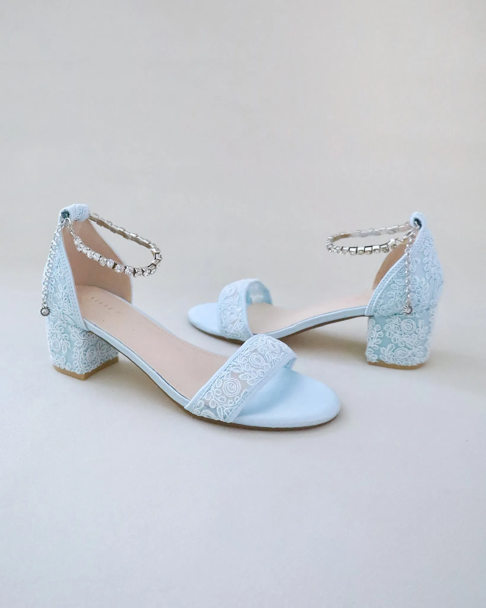 Crochet Lace Block Heel Wedding Sandals with Eternity Rhinestones Strap