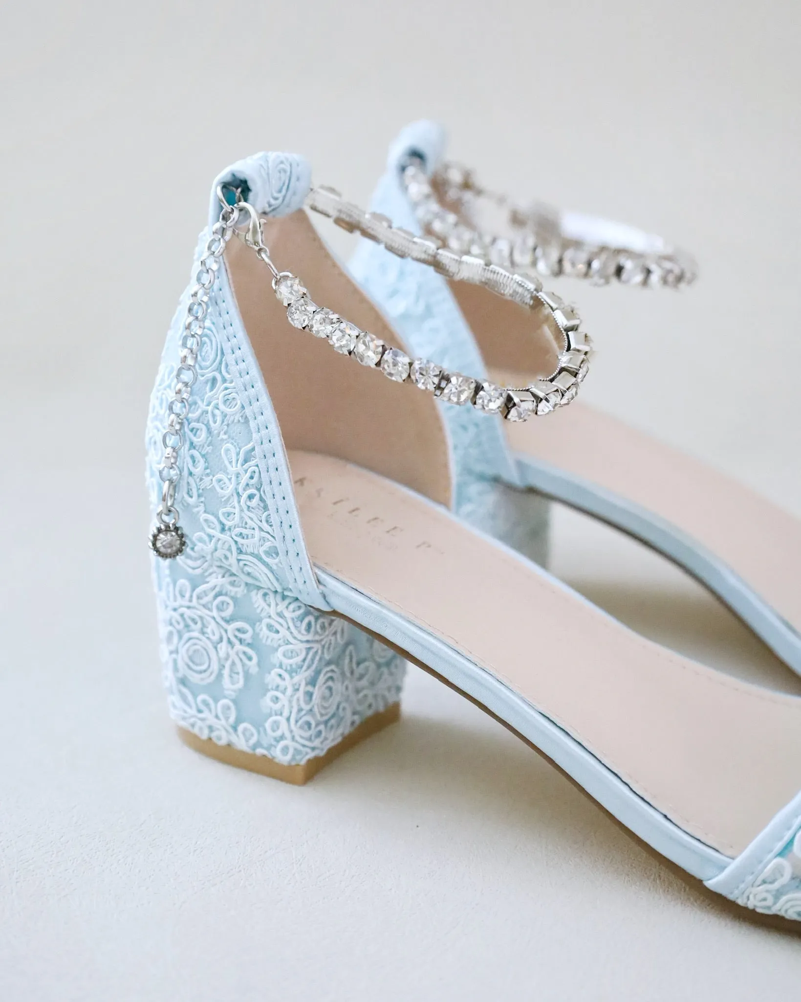 Crochet Lace Block Heel Wedding Sandals with Eternity Rhinestones Strap