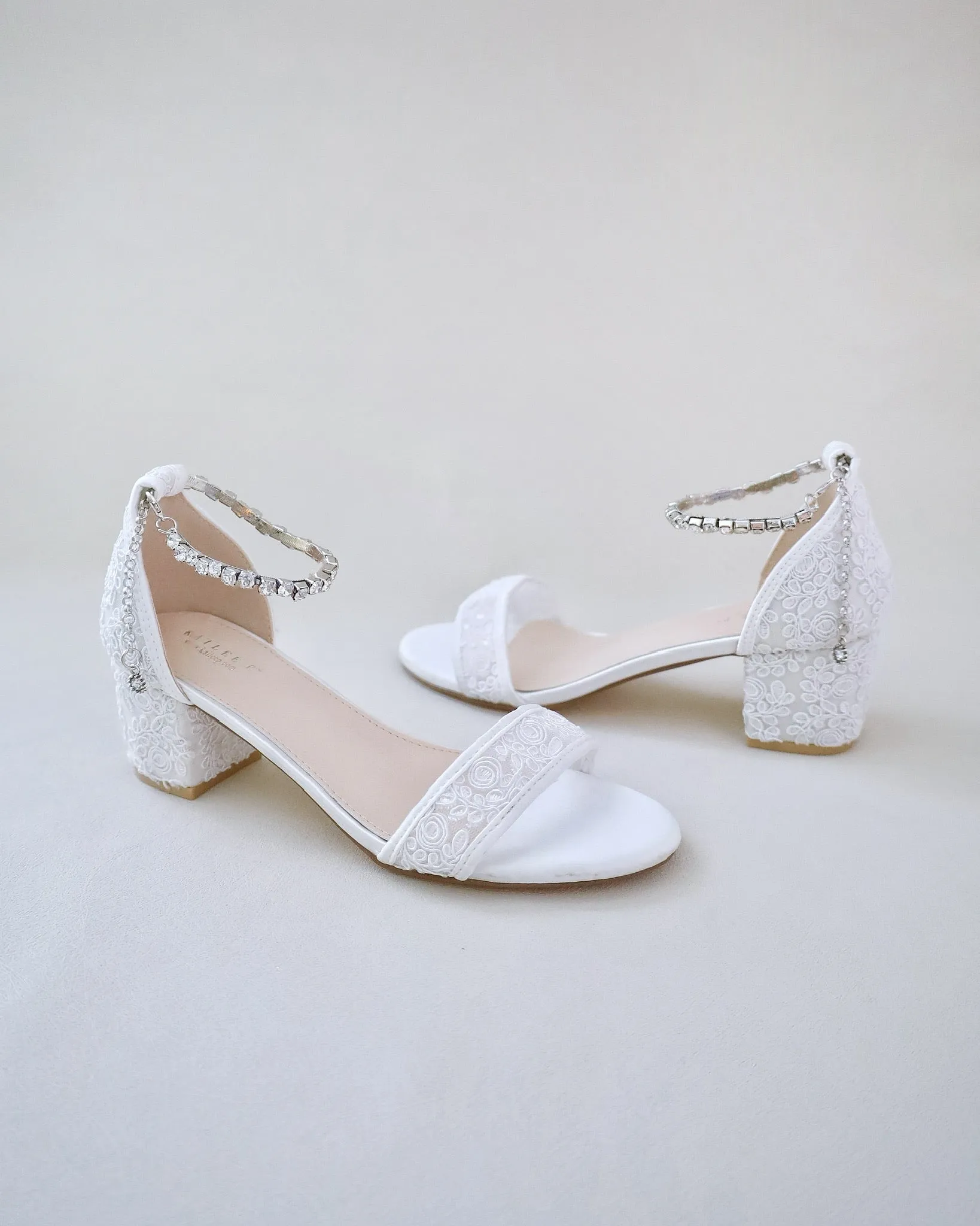 Crochet Lace Block Heel Wedding Sandals with Eternity Rhinestones Strap