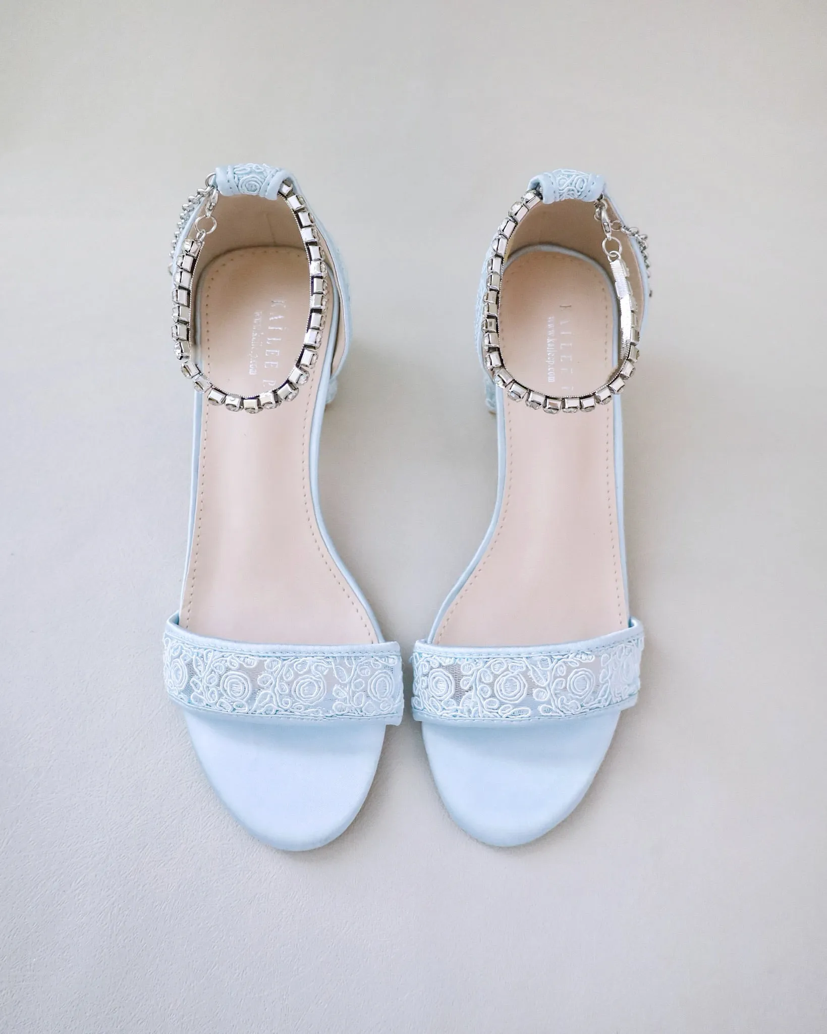 Crochet Lace Block Heel Wedding Sandals with Eternity Rhinestones Strap