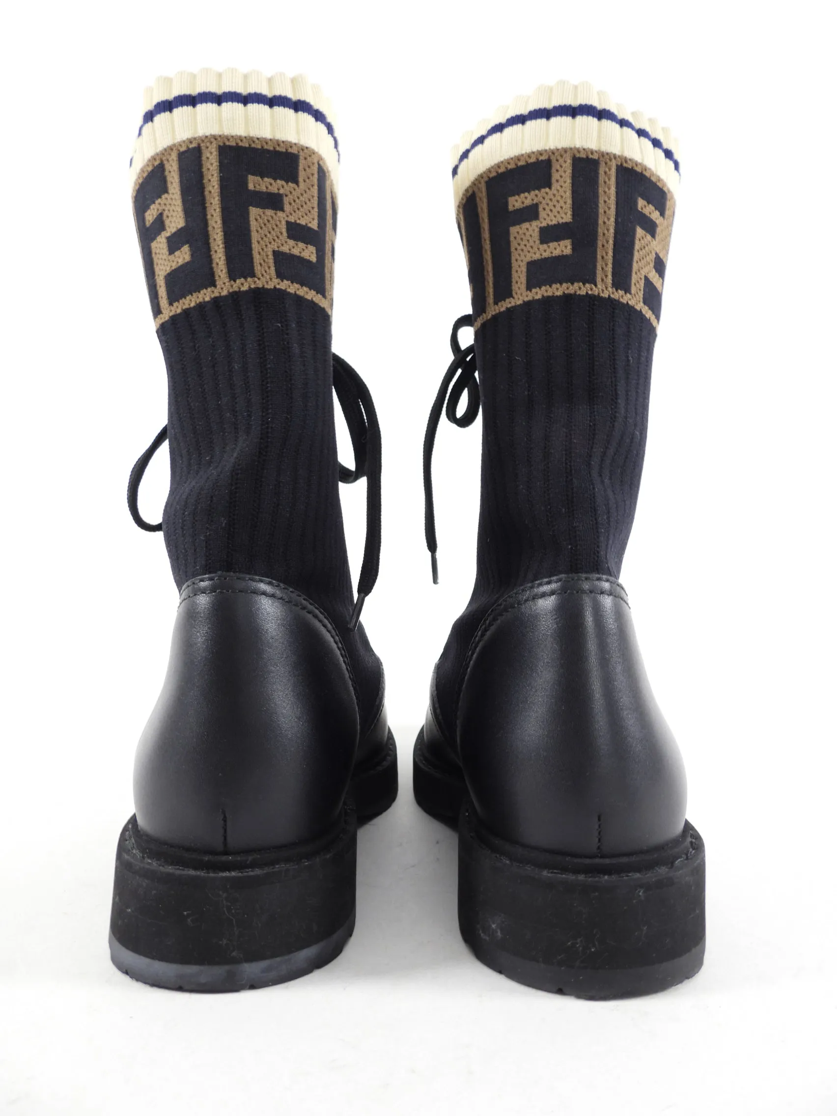 Fendi Black Leather Lace Up Ankle Boots with Zucca Trim - 36