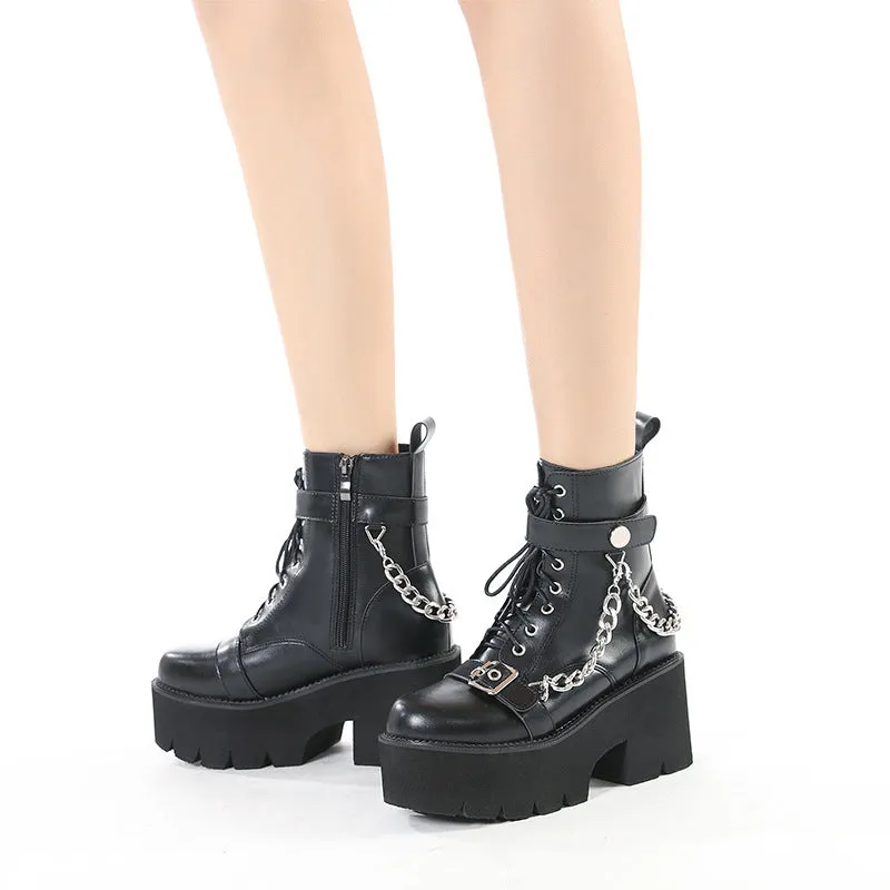 Independent Station Punk Motorcycle Boots Metal Belt Buckle Front Lace-up Chunky Heel Booties Platform Shoes Martin Boots Women's Platform