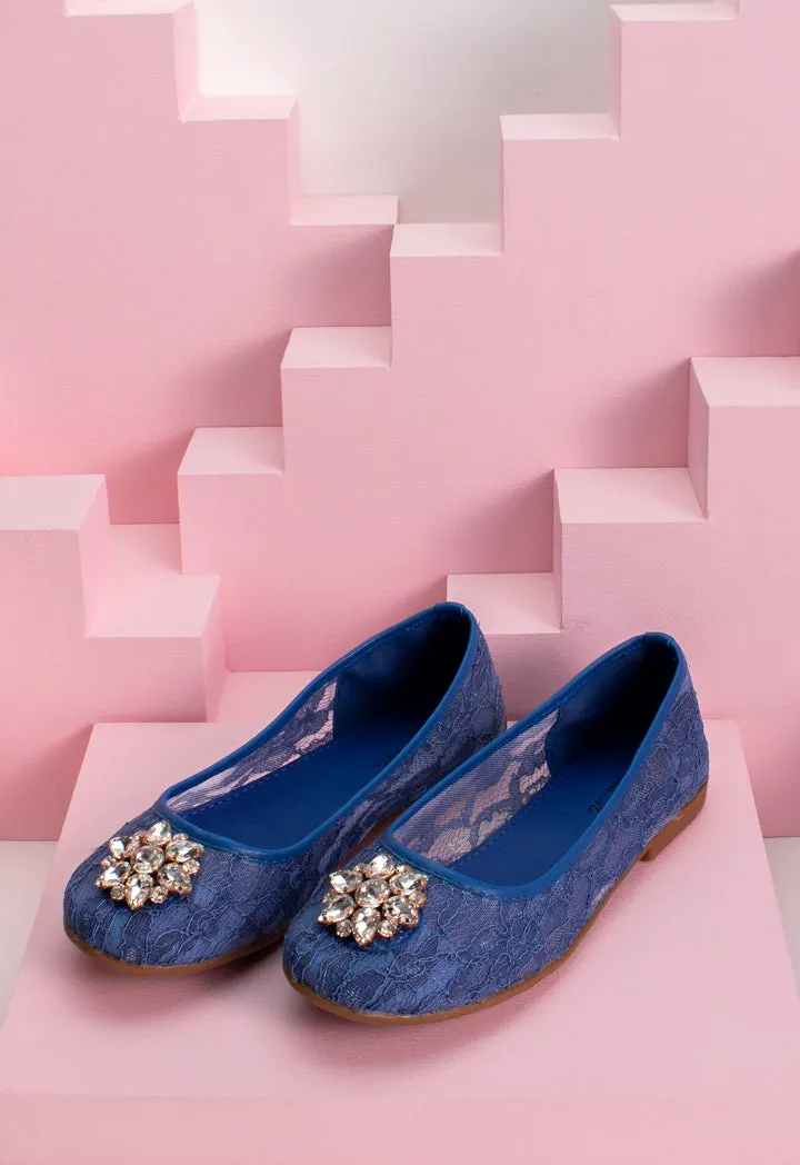 Lace Rhinestone Brooch Flat Shoes