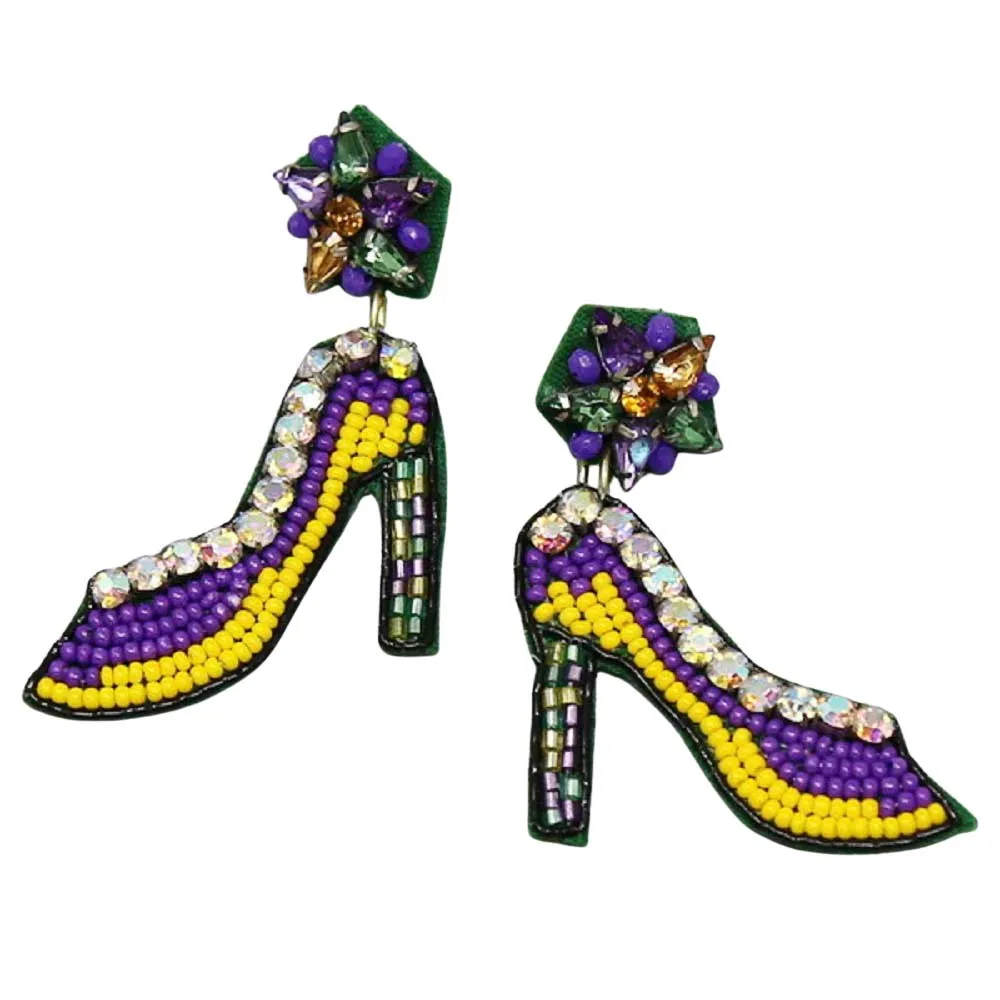 Mardi Gras Stiletto Shoes Seed Beaded Earrings