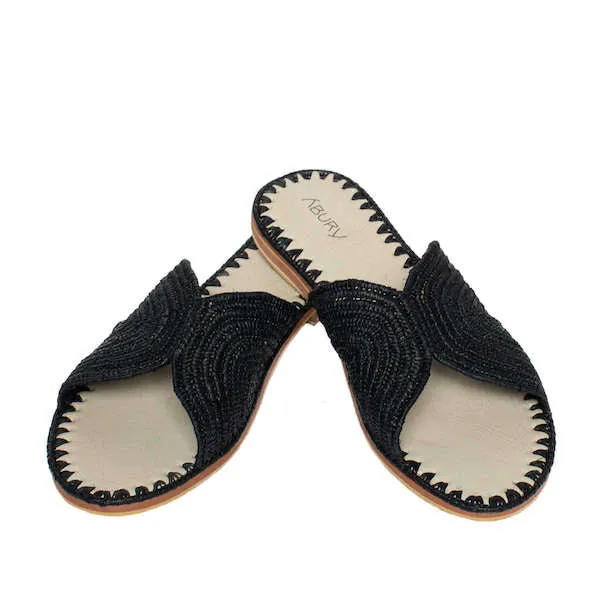 Raffia Slippers Sun and Moon in Black