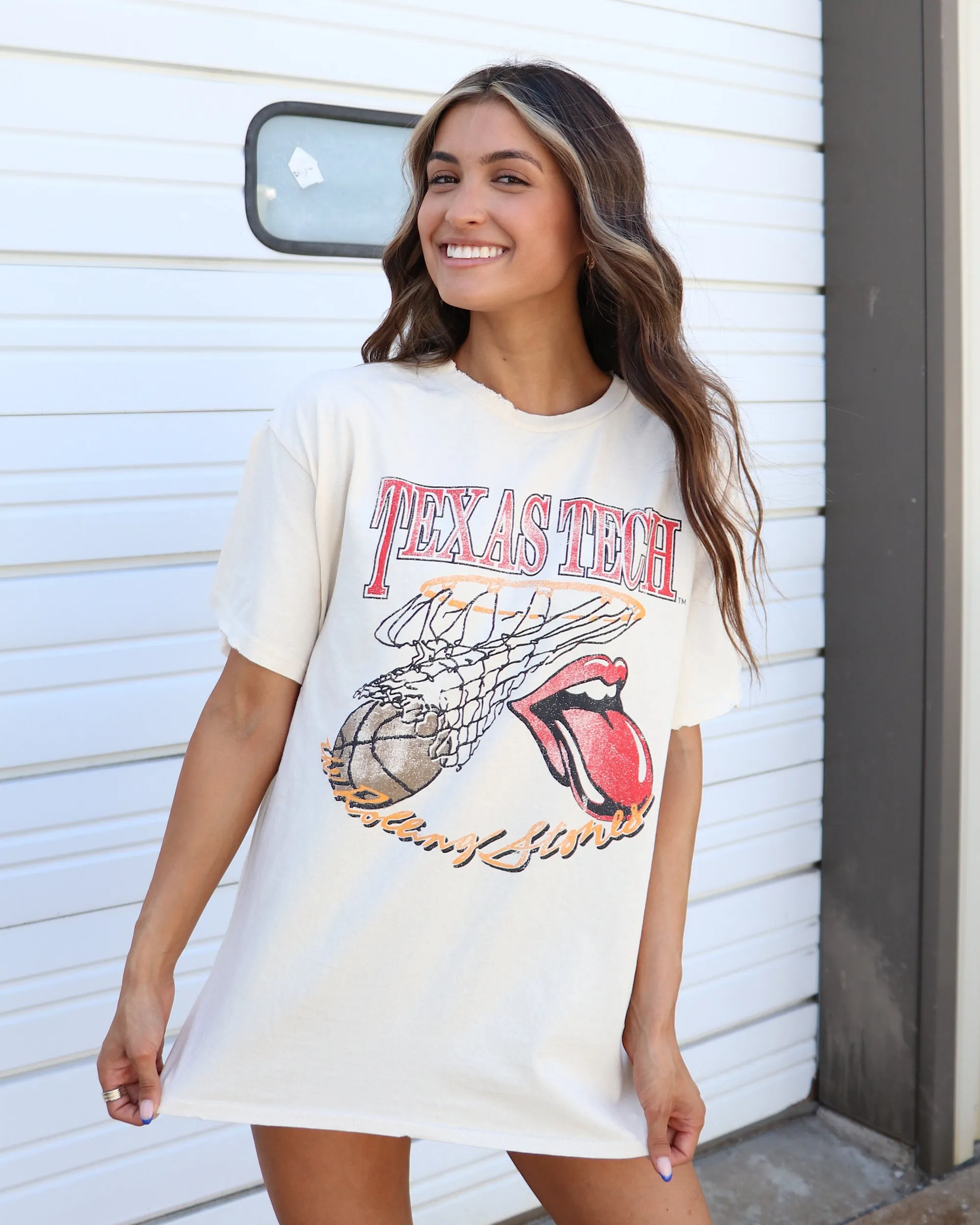 Rolling Stones Texas Tech Basketball Net Off White Thrifted Tee