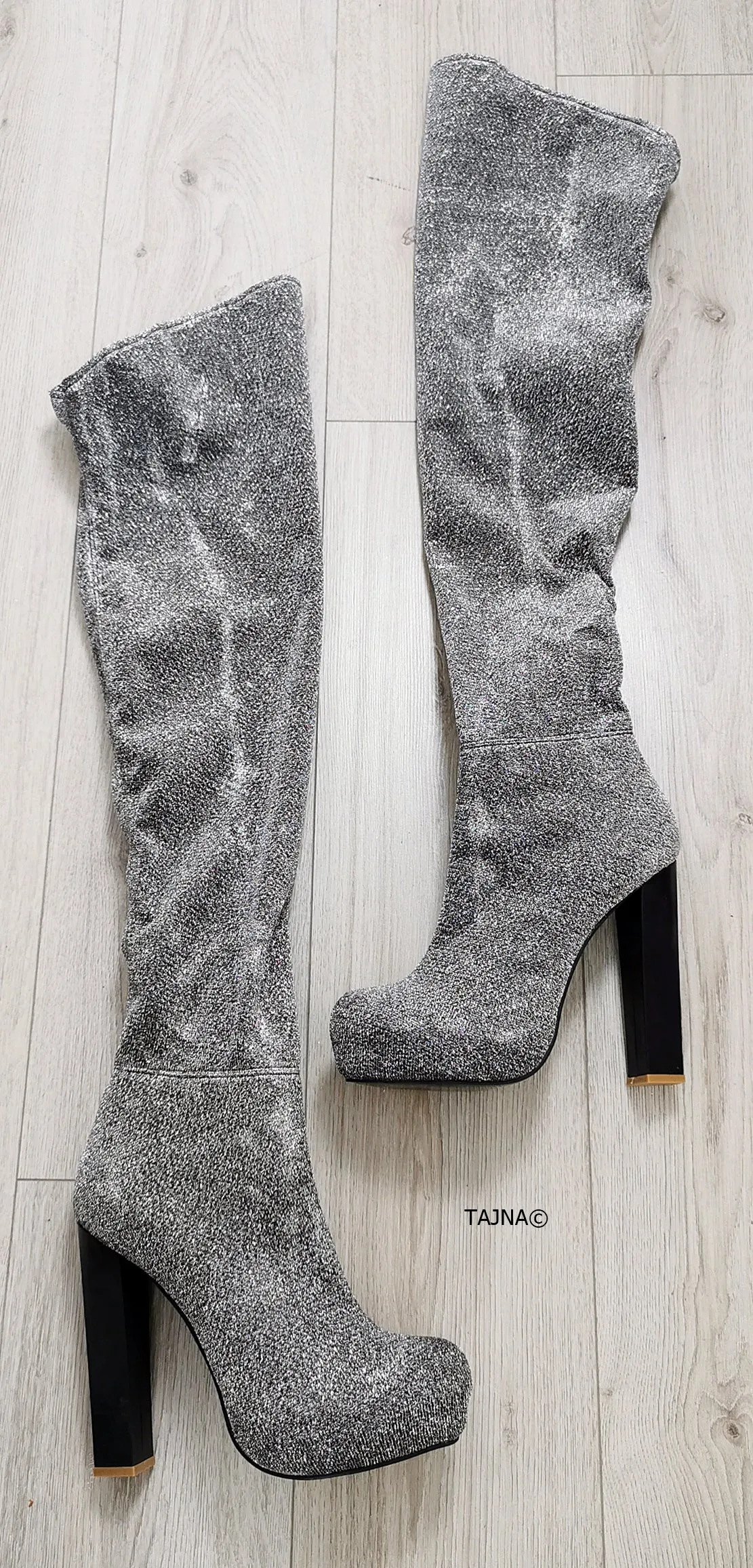 Silver Shiny Strech Knee High Boots