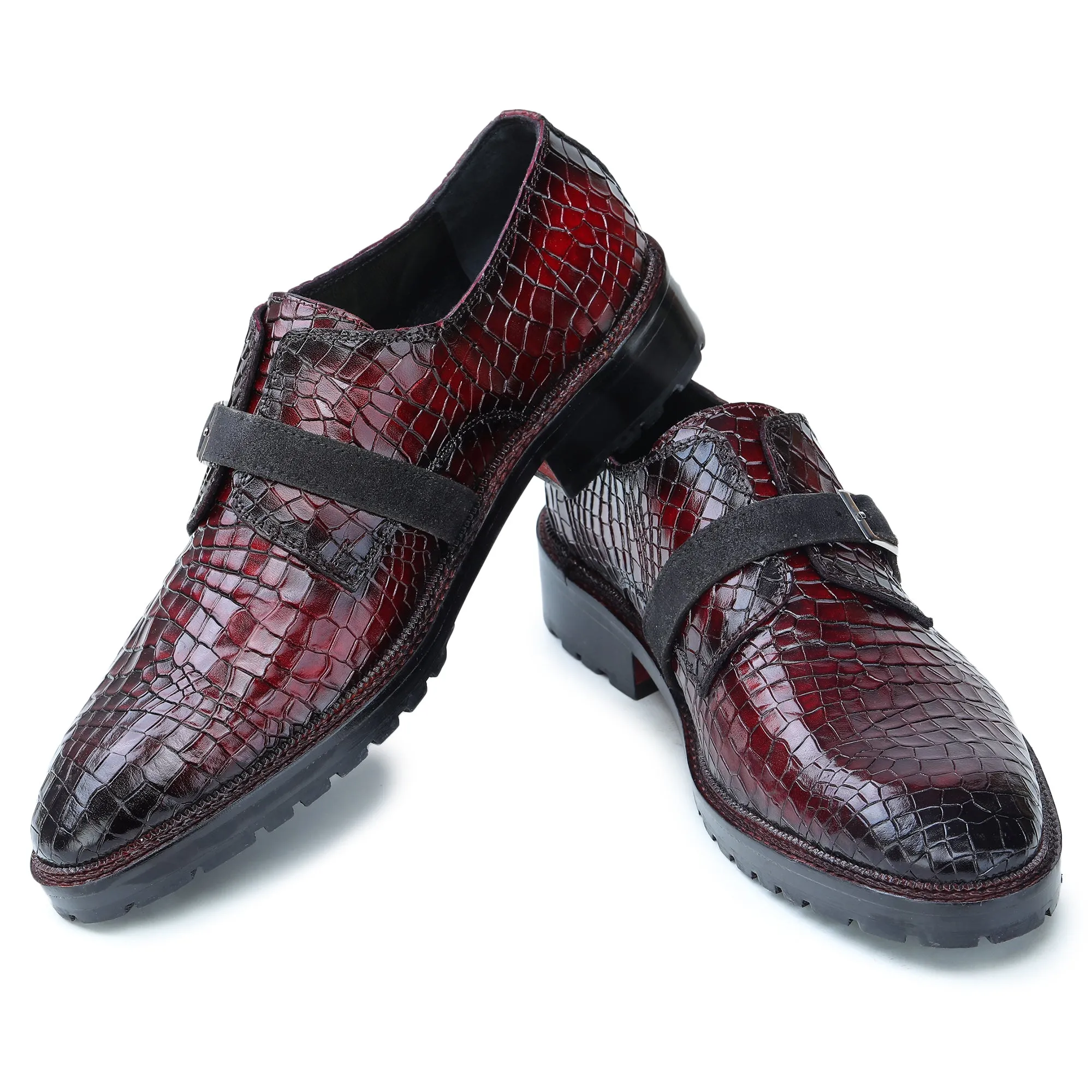 Single Monk Strap - Croc Wine Red