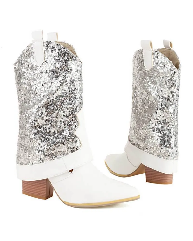 Sparkling Glitter Chunky Heel Boots