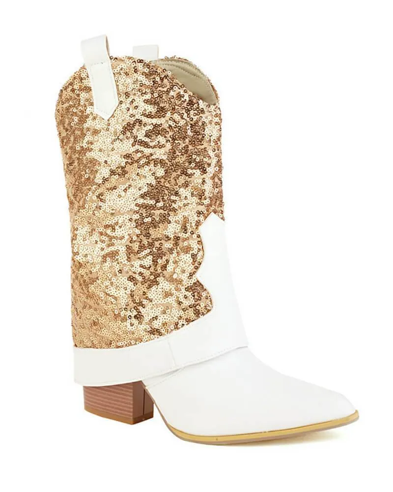 Sparkling Glitter Chunky Heel Boots