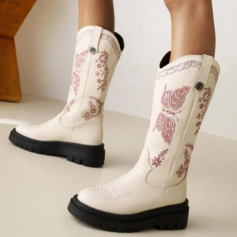 Women's Embroidery Wedge Platform Western Cowboy Boots