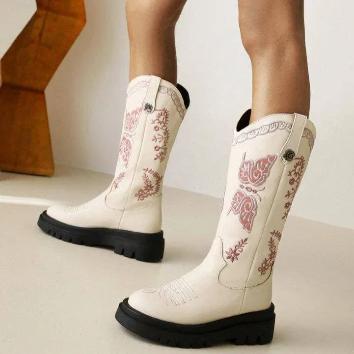 Women's Embroidery Wedge Platform Western Cowboy Boots