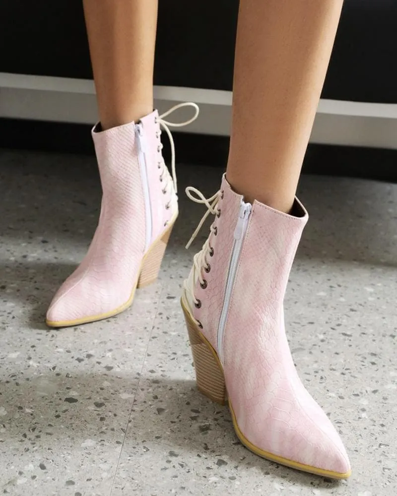 Women's Fashion Color-Blocking Zipper Chunky Heel Boots