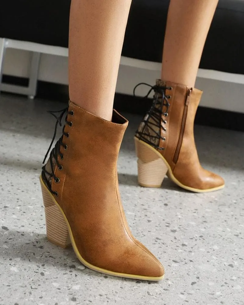 Women's Fashion Color-Blocking Zipper Chunky Heel Boots